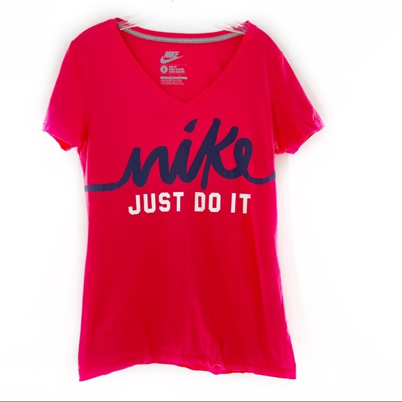 Nike Just Do It Bright Pink/Navy/White Slim Fit V-Neck T-Shirt Size Large - Picture 7 of 7